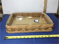 Pyrex baking dish in wicker caddy