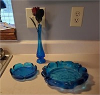 2 Blue Ashtrays And Fenton Hobnail Vase