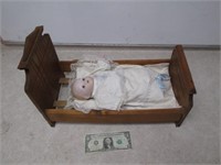 Vintage Wooden Doll Bed & Doll