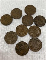 10 Canadians pennies from 1920 to 1935