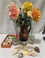 Glass Flower Pitcher & Sea Shells