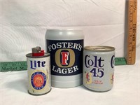 Beer mug and can lot Miller Fosters Colt 45