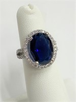 .925 Silver 6ct Blue Sapphire Ring Sz 5   T