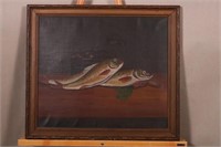 Early Hand Painted Trout Painting on Canvas by