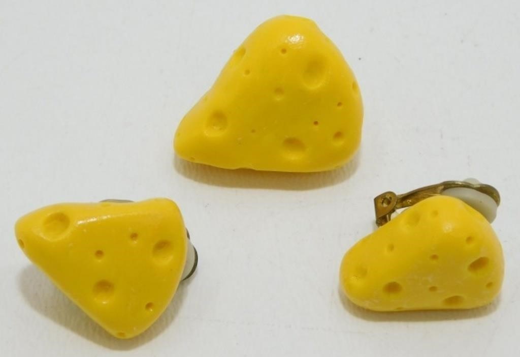 Unique Matching Cheese Clip On Earrings & Pin Set