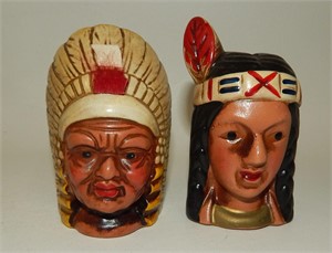 Native American Indian Chief & Squaw Busts Heads