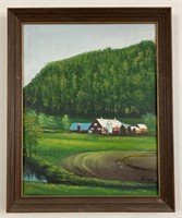 Farm Scene Oil Painting on Canvas, signed RA-CHEL