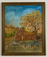 Fall Barn scene Oil Painting on canvas, signed