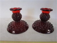 Fenton Ruby Red Hobnail Candle Sticks