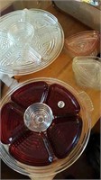 2 DEPRESSION GLASS DIVIDED TRAYS + INSERTS
