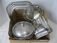 BOX SILVERPLATE SERVING PIECES & STEEL BASKET