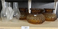 3 Amber Glass Lamp Shades & Chimneys.