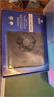 Lot of office items in tote-cooling fan, notebooks