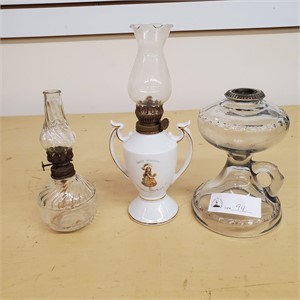 3 Oil Lamps, Holly Hobbie and 2 glass lamps