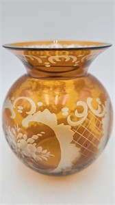Vintage Bohemian Glass Amber Yellow Gold Vase