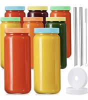New 8 pack of glass Juicing jars with colorful lid