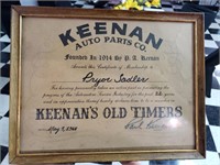 Keenan Auto Parts framed certificate
