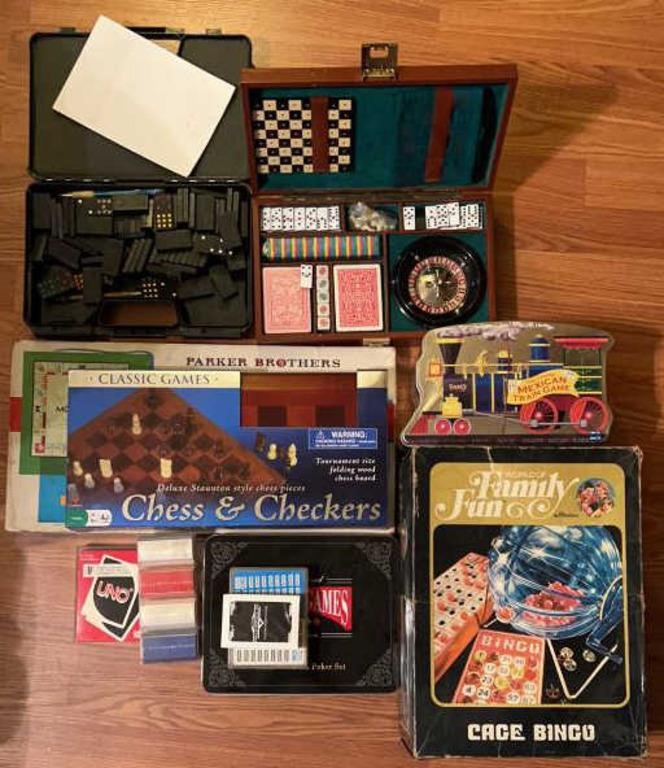 Various board games, bingo, chess, checkers, card