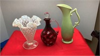 Clear-White Hobnail Vase, Dark Red Cruet, McCoy