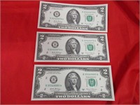 3 unc. two dollar bills in Sequential order