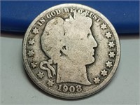 OF) 1908 Silver Barber half dollar