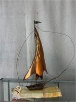 Copper Sailboat Statue on Stone Base