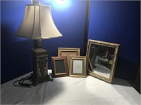 Lamp, Mirror & Various Photo Frames
