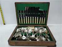 large lot of cutlery in wood box