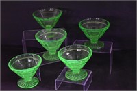 Five Vintage Green Vaseline Glass Dessert Cups
