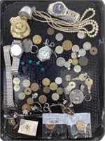Tray Lot Of U. S. & Foreign Coins, Wrist Watches