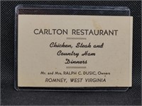 Vintage Carlton Family Restaurant Card, Romney,