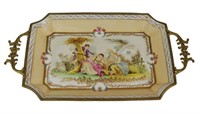 FRENCH STYLE GILT METAL MOUNTED PORCELAIN TRAY