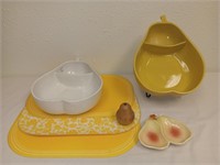USA Pottery-(2) Divided Pear Bowls,Pear Spoon Rest