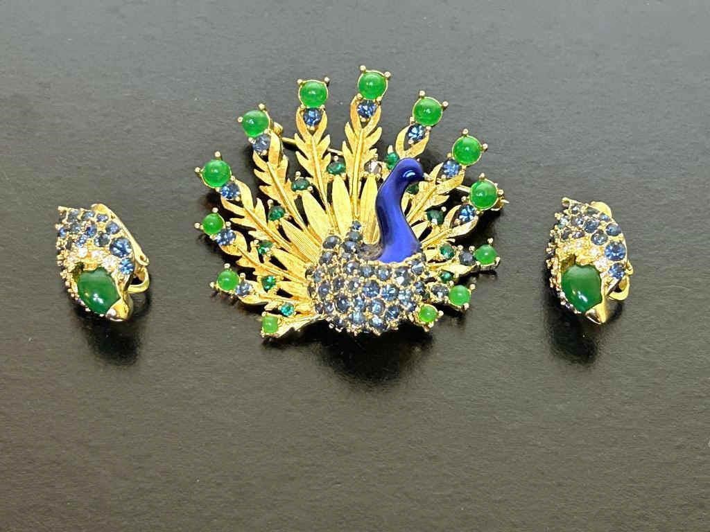 Vintage Peacock Brooch & Earrings by Boucher