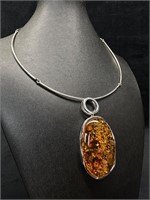 Sterling Necklace with Huge Amber Cabochon