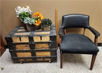 Antique Trunk, Black Barrel Chair, Basket,