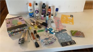 Craft supplies, brushes, stencils, paint
