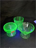 3 FOOTED GREEN URANIUM SHERBET CUPS - 1 W/ CHIP