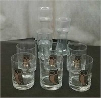 Box-Set Of 6 Vintage Gold Owl Glasses & 3 PC.