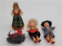 Small Plastic Dutch Dolls & Carved Wood Figurine