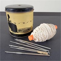 Yarn or String Tin w/ Crochet Needles