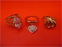 (3) Gold Plated Costume Rings Size (2) 6.5 (1) 7