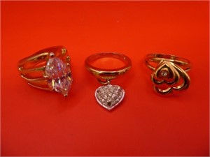 (3) Gold Plated Costume Rings Size (2) 6.5 (1) 7