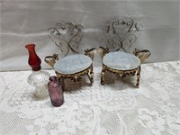 Vintage Metal Scroll Dollhouse Chairs & Mini Glass