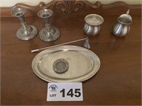 SUGAR AND CREAMER ON THE RIGHT ARE PEWTER