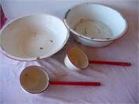 2 Enamel wash pans and 2 dippers