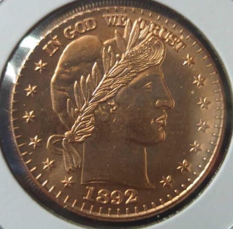 1 oz fine copper coin Barber head