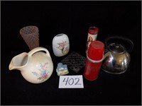 ASSORTED KITCHEN LOT PITCHER, TRIVET & THERMOS
