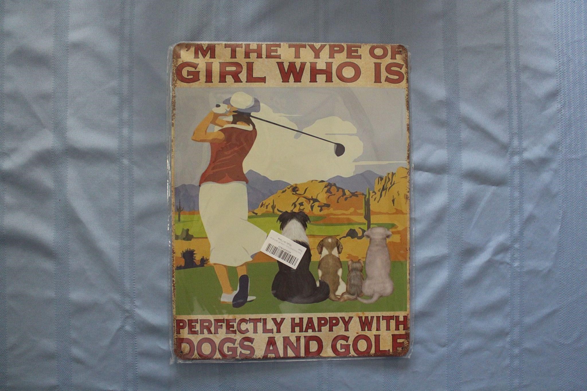 Retro Tin Sign: Girl...Dogs and Golf