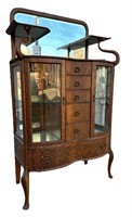 Antique Oak Double Curve Glass China Cabinet